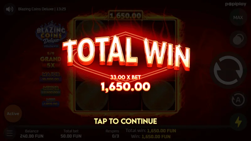 Blazing Coins Deluxe câștigul total respin